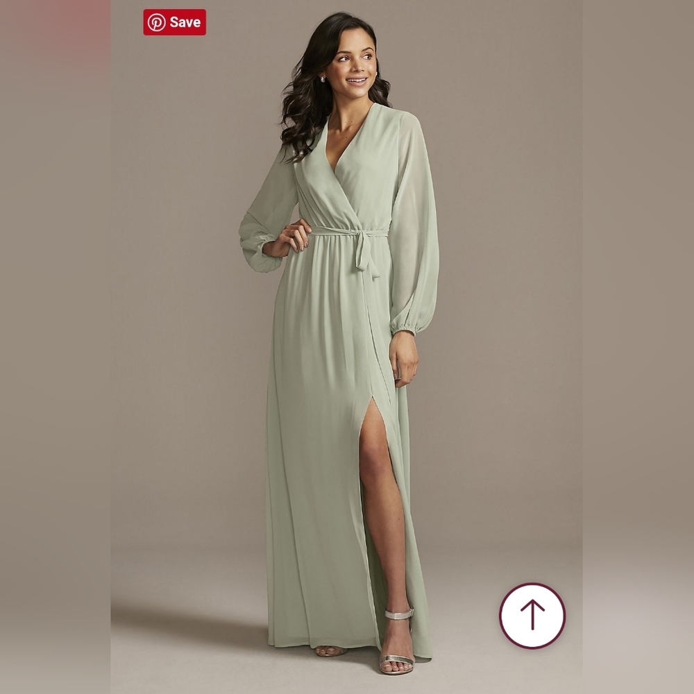 NWT Dusty Sage David's Bridal Bridesmaid Dress- Chiffon Long Sleeve Wrap
